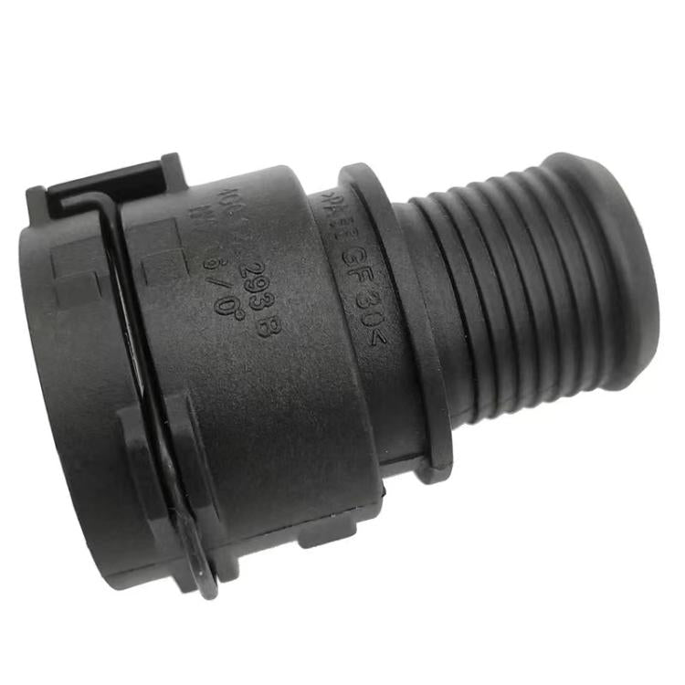 Car heater inlet hose connector plug, black ribbed male fitting with latch clip