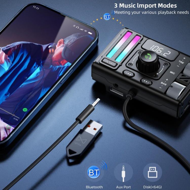 Car Bluetooth MP3 player with display and cables for Bluetooth, AUX, and USB music playback