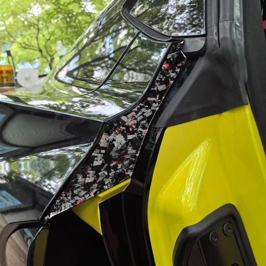 Rear door inside decorative sticker strip on car door frame, black carbon fiber with red foil