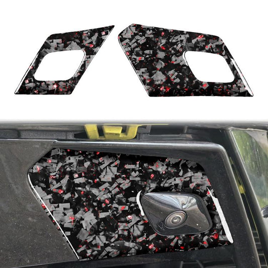 Carbon fiber door radar decal set for car door, black with red foil shards, left and right