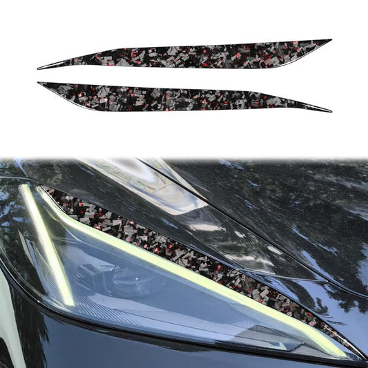 Car light eyebrow decal set, carbon-fiber pattern with red foil speckles, pair