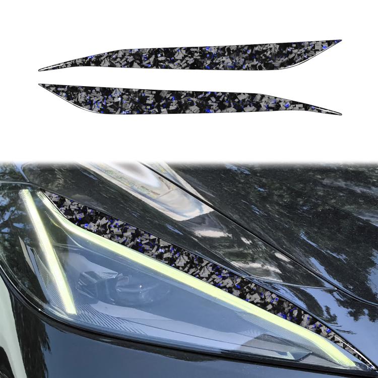 Car light eyebrow decal set, carbon-fiber pattern with blue foil speckles, pair