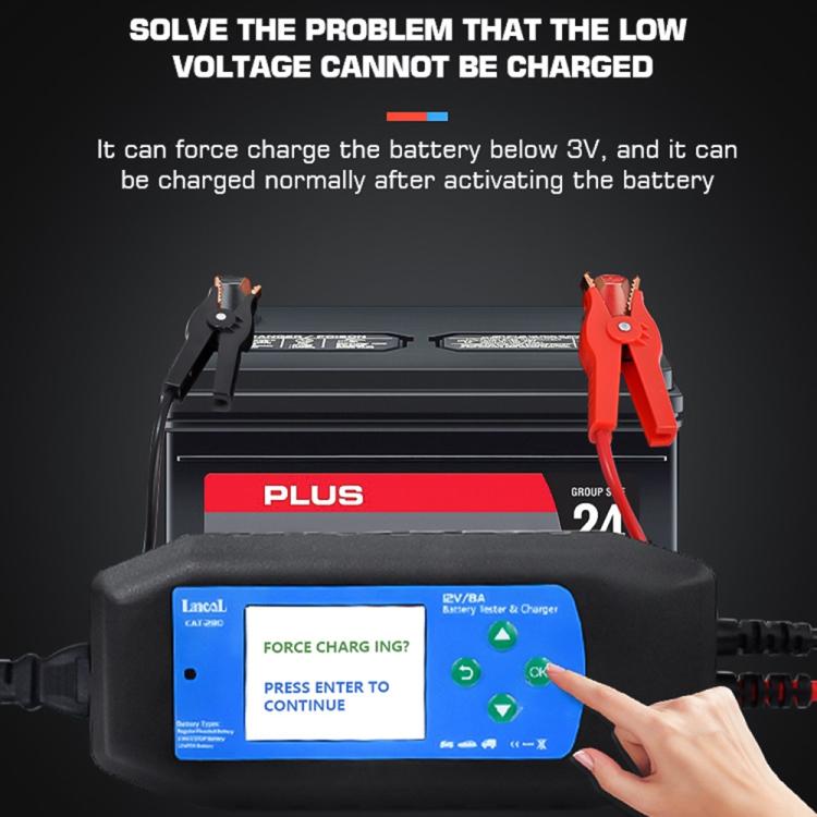 Car battery charger and tester with LCD screen showing force charge indicator