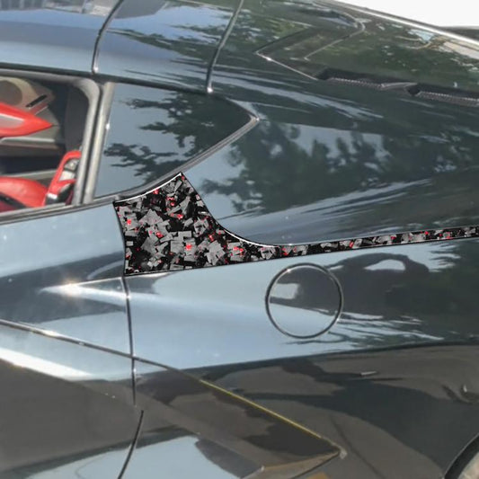 Rear side car sticker with carbon fiber pattern and red accents on dark gray door