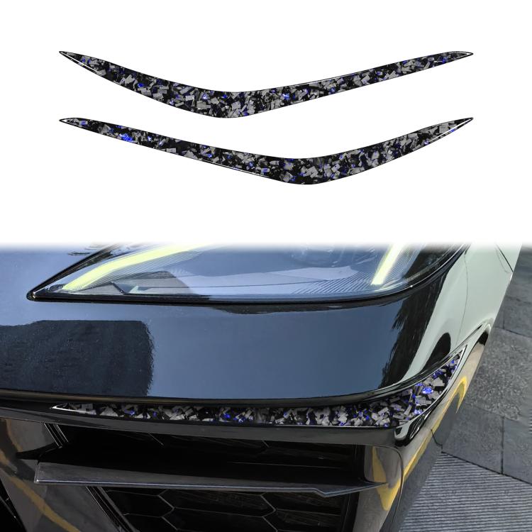 Car bumper corner decorative sticker set with carbon-fiber look and blue accents, pair