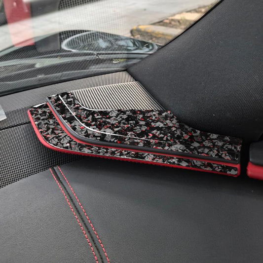 Curved interior A-pillar horn sticker with carbon-fiber pattern and red trim