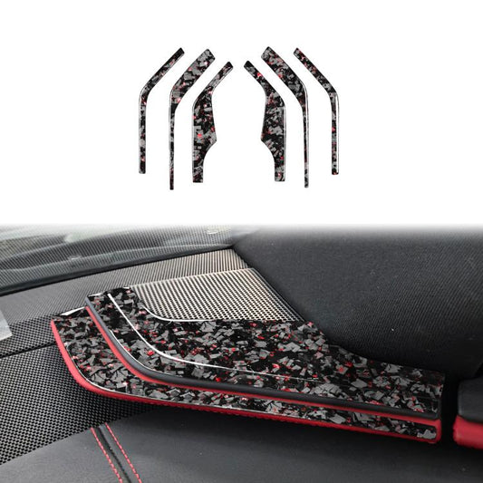 Set of 6 curved interior A-pillar horn stickers with carbon-fiber pattern and red trim