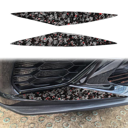 2-piece set of black carbon-fiber style front bumper side decals with red flecks