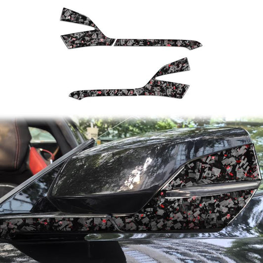 Rearview mirror decorative sticker set, carbon-fiber style with red fleck pattern (left)