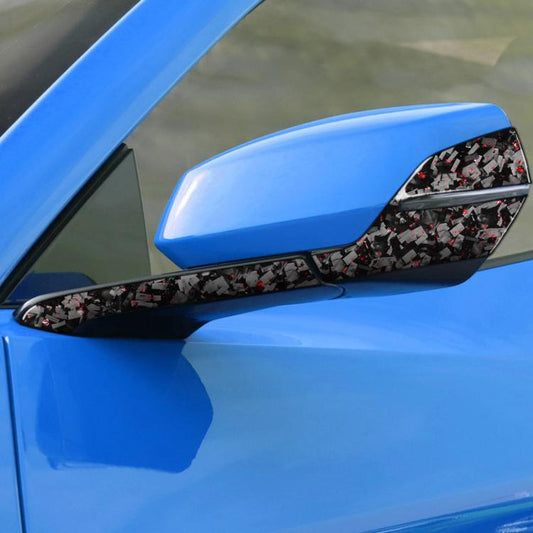 Right driver rearview mirror sticker with dark carbon pattern and red accent flecks