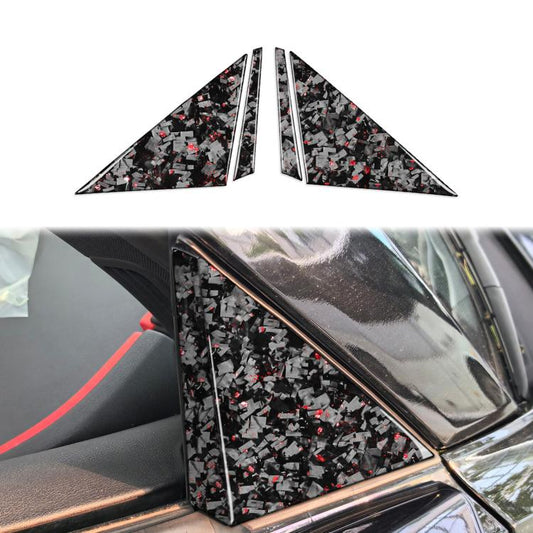 Set of 4 triangular A-pillar decor stickers, black carbon-fiber look with red foil flecks