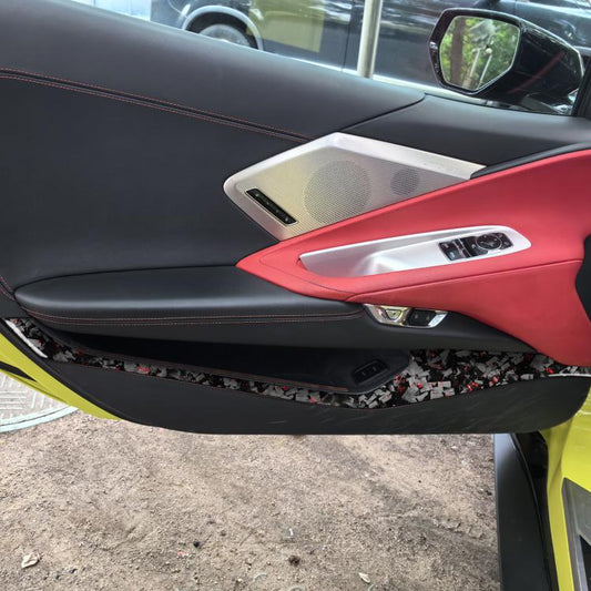 Car door storage panel stickers applied along lower door, forged carbon fiber foil look