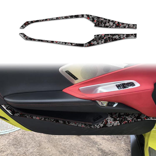 Car door storage panel stickers with carbon fiber forged gold foil pattern, red trim accents