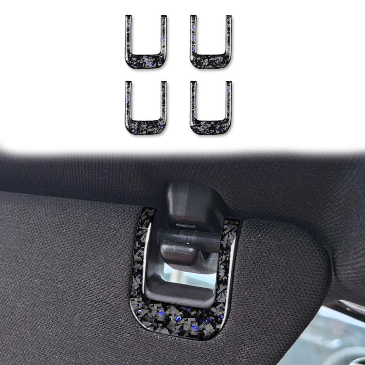 Car sun visor decorative sticker set, installed view, carbon-fiber style with red/blue flecks