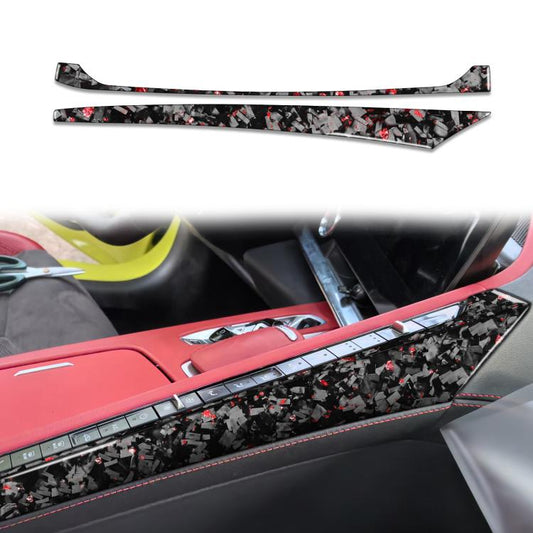 Car center console side decal set, black carbon-fiber with red accents, left driver