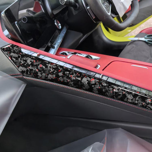 Car center console side decorative sticker, black forged carbon fiber panel with red specks