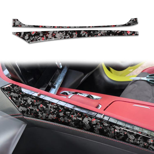 Car center console side decorative sticker, black forged carbon fiber with red specks