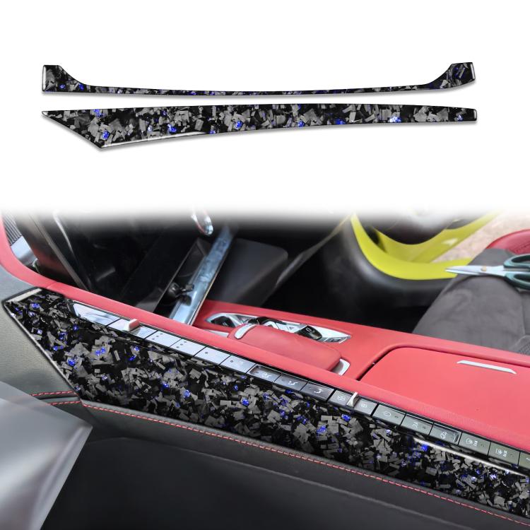Car center console side decorative sticker, black forged carbon fiber with blue specks