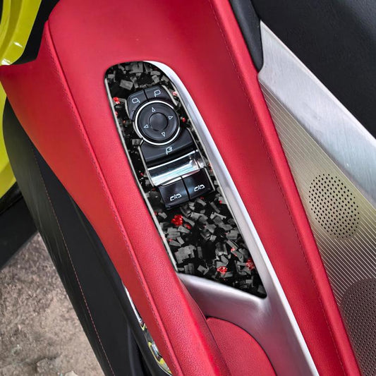 Window lift trim stickers set of 2, carbon fiber look with red flecks around switch
