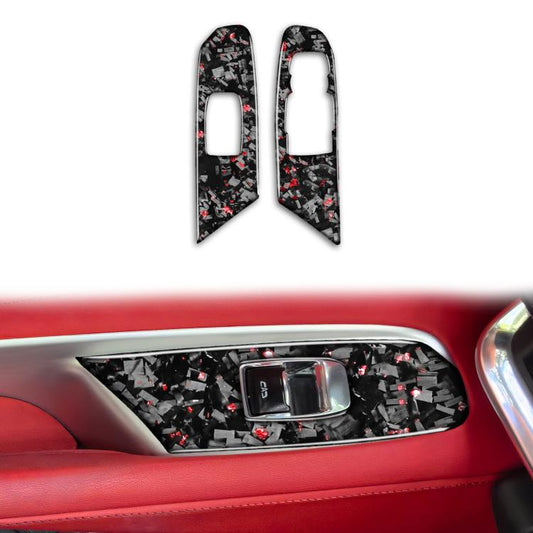 Set of 2 window lift trim stickers, carbon fiber look with red accent flecks