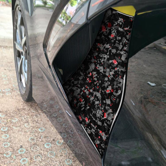 Exhaust port decorative sticker for car, black with red foil shards on side vent