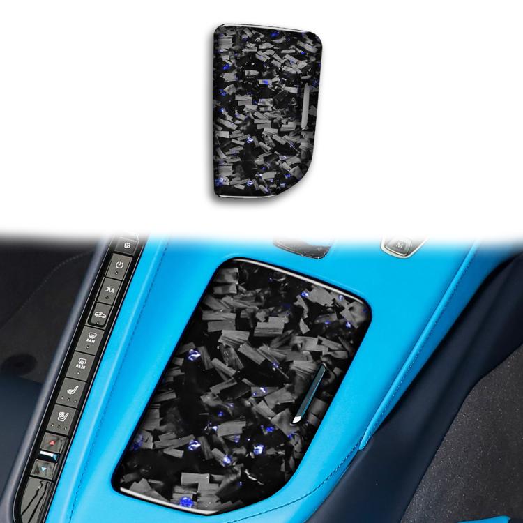Right driver central console cup cover sticker, black carbon-fiber look with blue foil