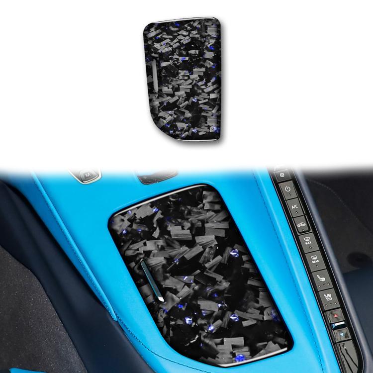 Left driver central control cup cover sticker, black carbon fiber with blue specks
