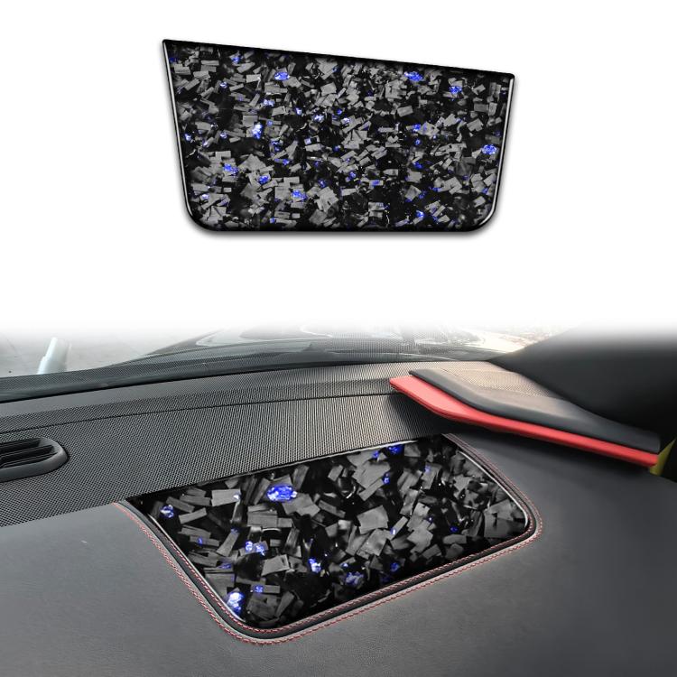 Front passenger seat panel decorative sticker, black carbon fiber look with blue accents
