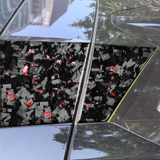 Roof camera side decals (pair), black carbon-fiber look with red foil shard pattern and trim line
