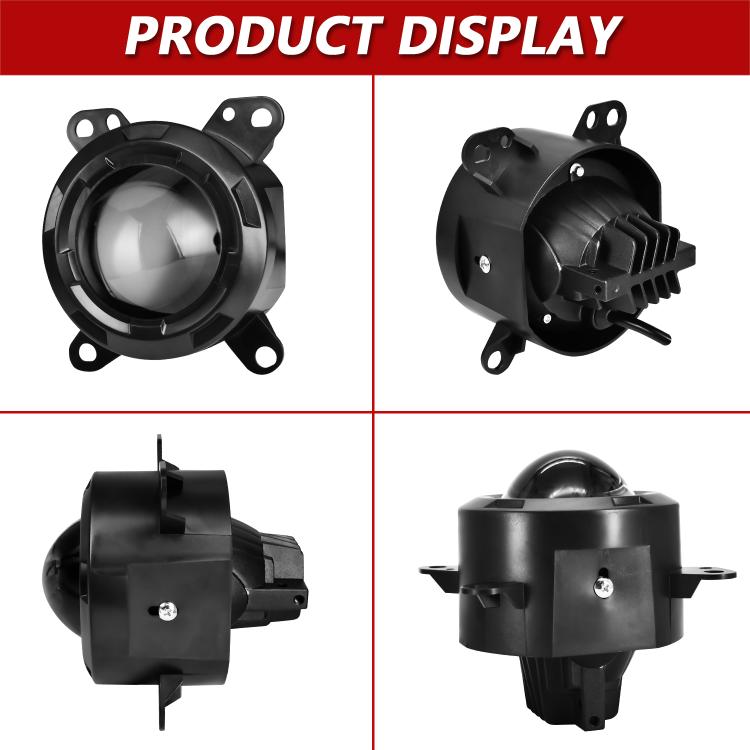 Black round dual-lens fog light housing with mounting bracket tabs