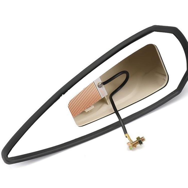 Shark-fin car radio antenna with black base, beige cavity, and wiring connector