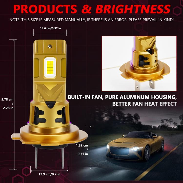 Gold LED headlight bulb with fan-style heat sink and size diagram