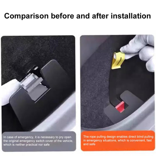 Manual door release pull strap in car interior, hand pulling yellow release tab