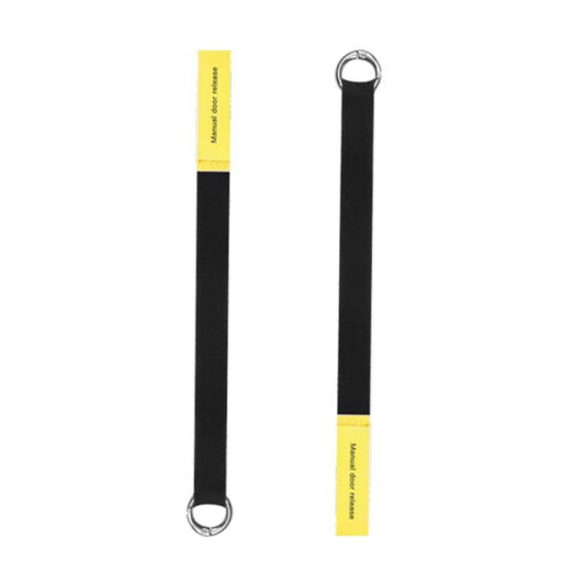 Manual door release pull strap set: two black straps with metal rings and yellow labels