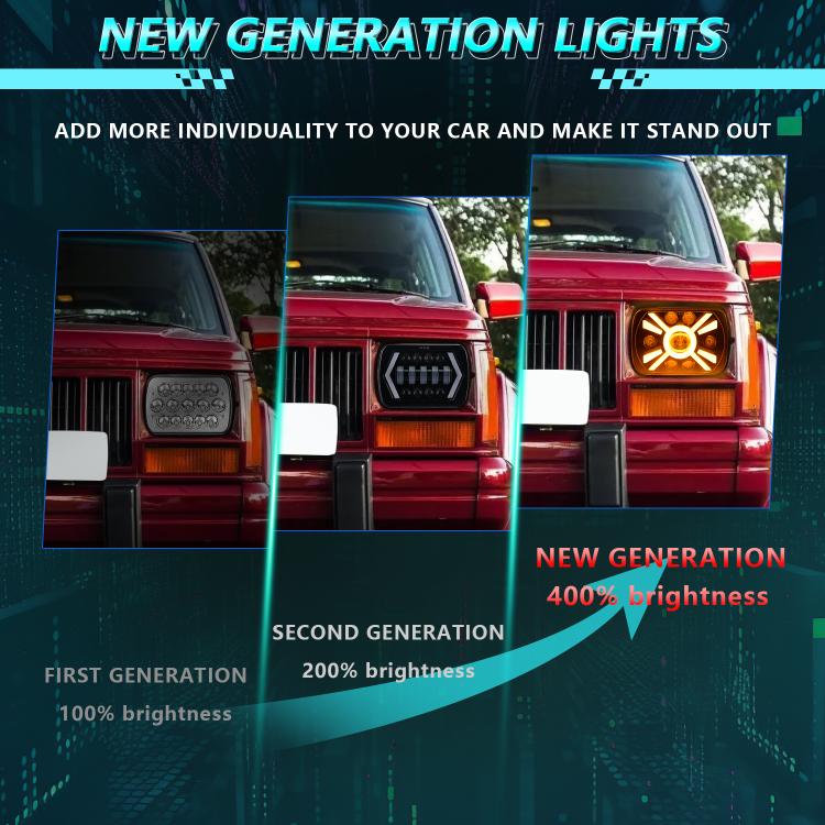Square LED headlight with amber outer glow and central projector lens, black housing