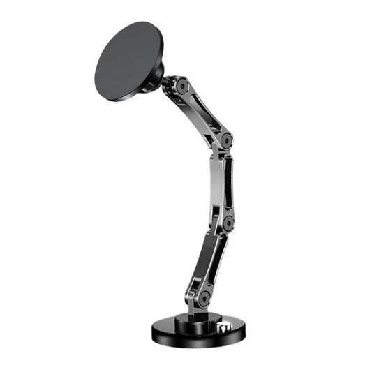 Magnetic phone car holder with rotating arm and round base, dark gray/black
