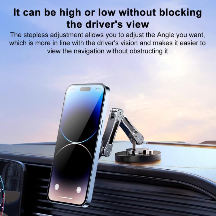 Magnetic wireless car charger holder mounted on dashboard with folding arm