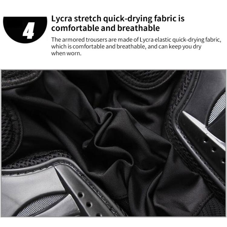 Off-road motorcycle armor pants in black mesh with lycra stretch fabric and armor trim