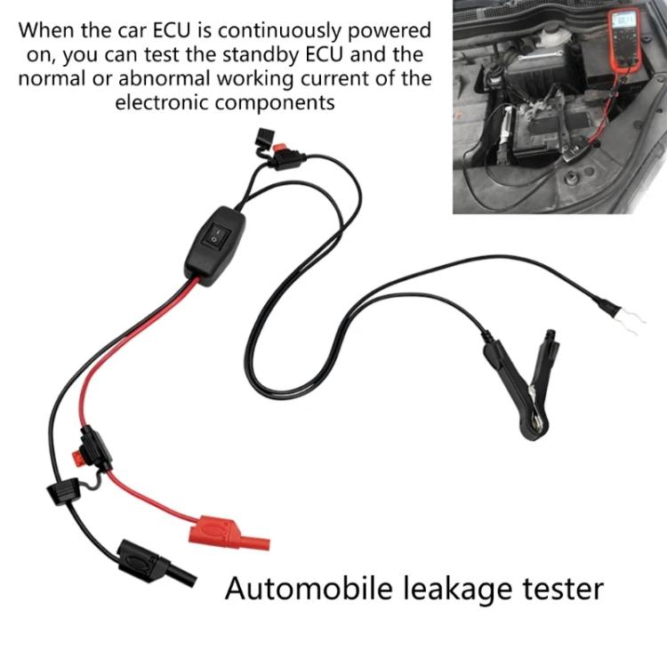 Automobile leakage tester with control module and wired clamp leads for ECU testing