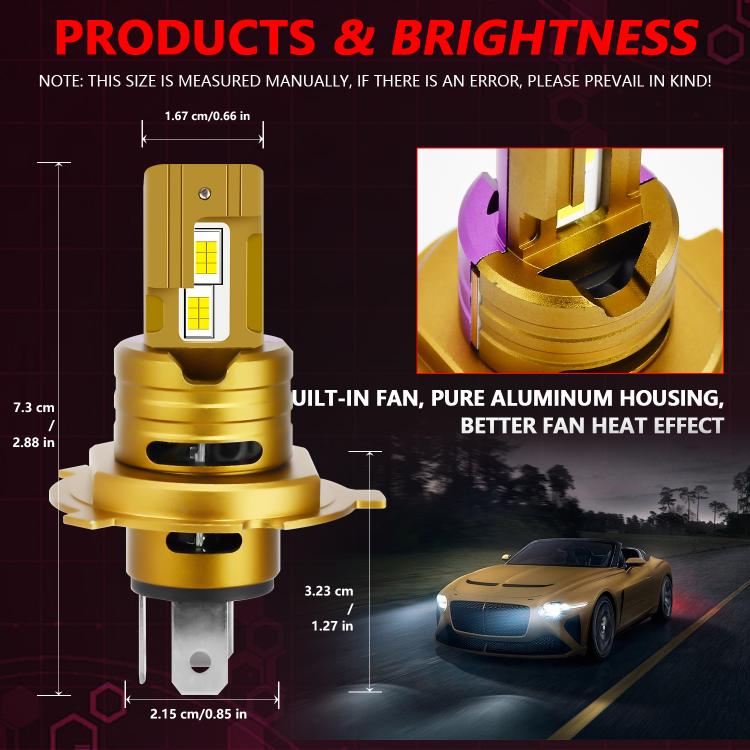 Gold LED headlight bulb with heat-sink housing and size diagram