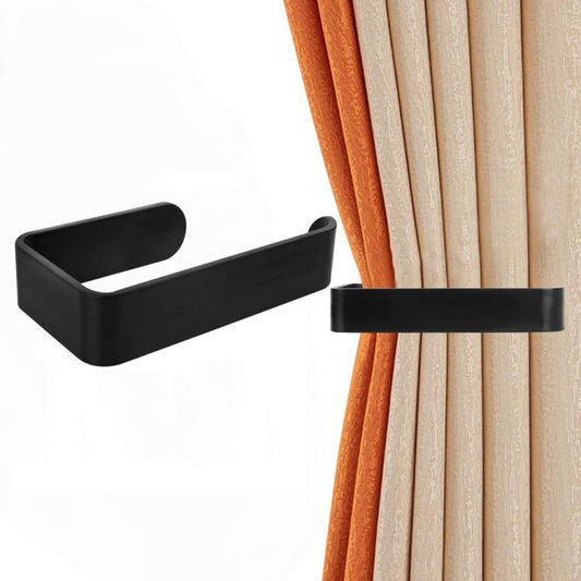 Black acrylic punch-free curtain holdback buckle holding sheer drapes