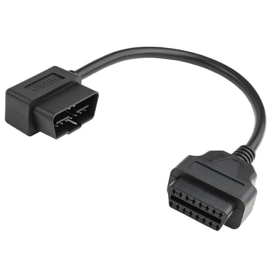 16-pin OBD2 male to female elbow extension adapter cable with black connector ends