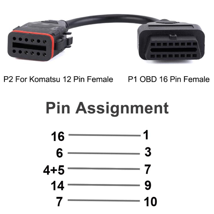 Pin assignment diagram for OBD 16-pin to Komatsu 12-pin diagnostic cable.