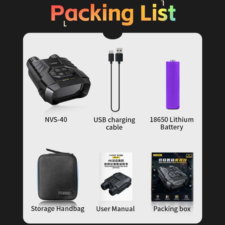 Infrared night vision binocular kit with USB charging cable, battery, and storage bag