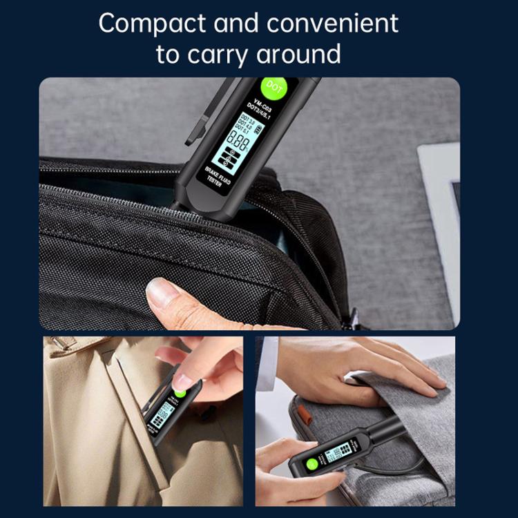 Black brake fluid tester pen on a bag zipper, LCD screen visible