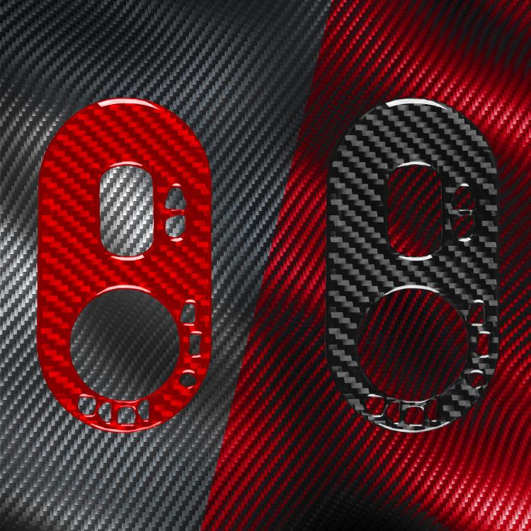 Set of red and black carbon fiber headlight switch stickers, oval overlays with cutouts