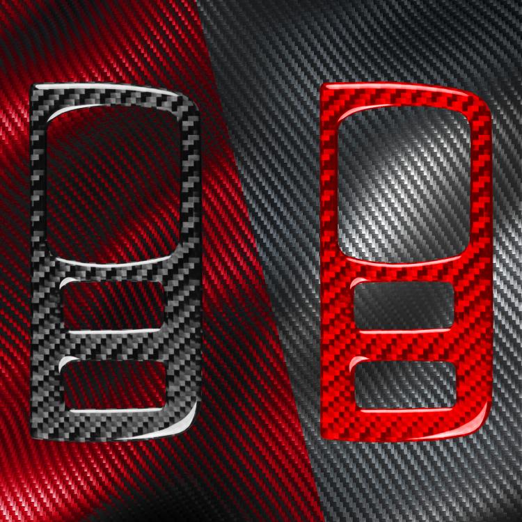 Red and black carbon-fiber headlight button frame sticker samples, three-panel cutout