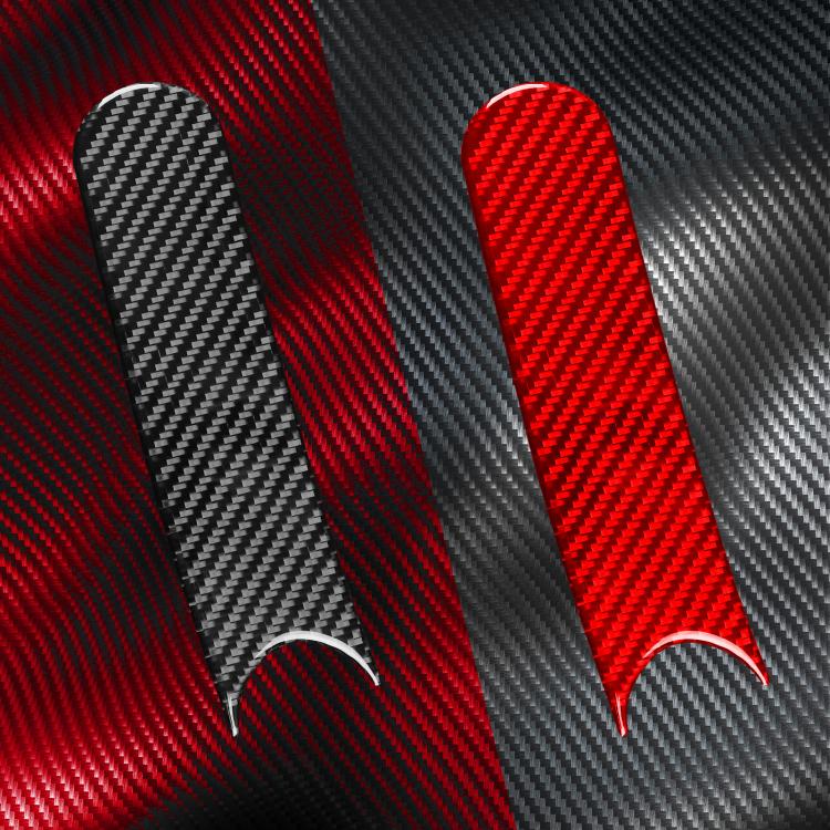 Set of carbon fiber handbrake stickers, red and black textured panels side by side