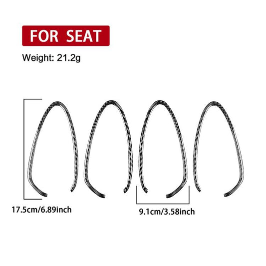 Four black carbon-fiber style inner door handle panel stickers with size diagram
