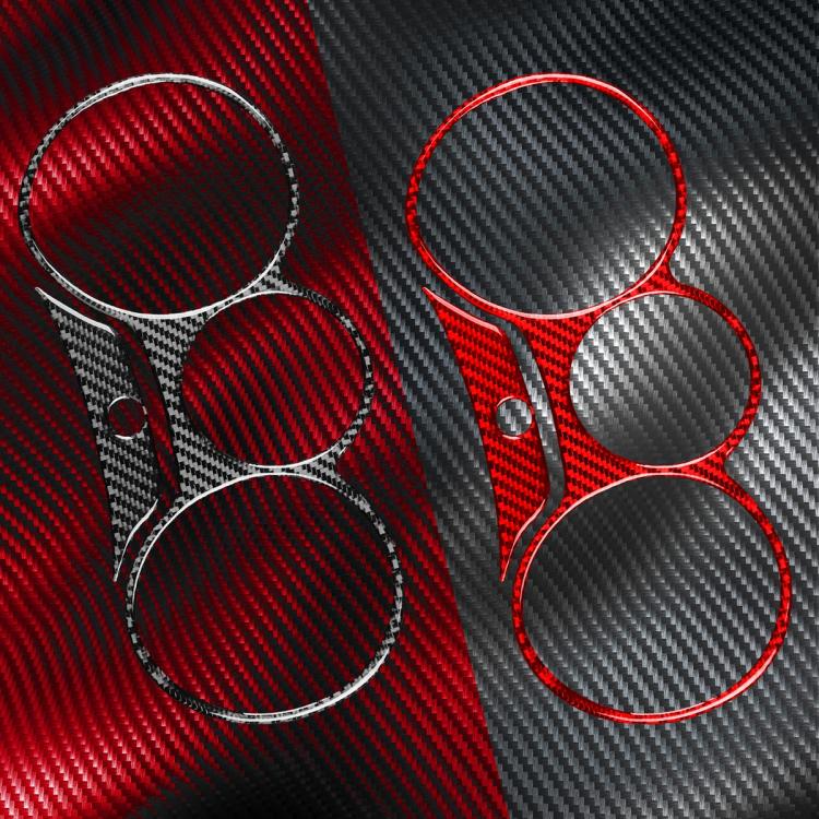 Red and black carbon fiber speedometer surround sticker panels with three round openings